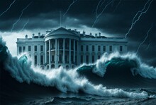 A Stormy Night With Strong Waves Of Water Rushing Through The White House.
