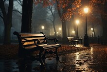 Night Alley In Autumn City Park With Benches And Light Lanterns, Wet After Rain