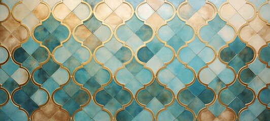 Aufkleber - Abstract turquoise gold mosaic tile wall texture background illustration - Arabesque moroccan marrakech vintage retro ceramic tiles pattern