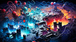An abstract battleground depicting antivirus software warriors clashing with menacing virus entities amidst a network maze
