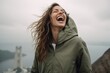Lifestyle portrait photography of a cheerful girl in her 30s yawning wearing a lightweight packable anorak near the christ the redeemer in rio de janeiro brazil. With generative AI technology