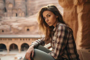 Photography in the style of pensive portraiture of a tender girl in her 20s flexing arm muscle wearing a comfy flannel shirt at the petra in maan jordan. With generative AI technology