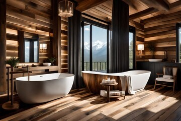 Wall Mural - modern bathroom interior, Amazing bathroom with wooden wall and floor