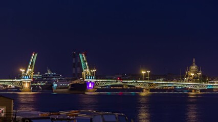 Poster - Timelapse of The Blagoveshchensky (Annunciation) Bridge Opened in St. Petersburg, Russia, Illuminating the Nighttime Cityscape. Embracing the White Nights