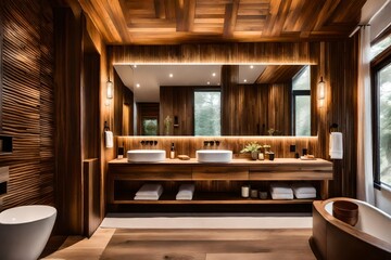 Wall Mural - modern bathroom interior, Amazing bathroom with wooden wall and floor