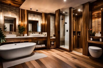 Wall Mural - modern bathroom interior, Amazing bathroom with wooden wall and floor