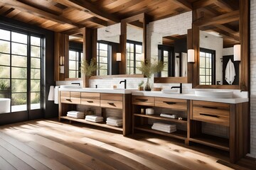 Wall Mural - modern bathroom interior, Amazing bathroom with wooden wall and floor