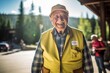© Markus Schröder - Lifestyle portrait photography of a happy old man winking dressed in a polished vest at the banff national park in alberta canada. With generative AI technology