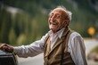 © Markus Schröder - Lifestyle portrait photography of a happy old man winking dressed in a polished vest at the banff national park in alberta canada. With generative AI technology