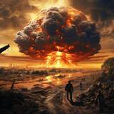 Fototapeta  - Nuclear war concept. The explosion of nuclear bomb. Creative art decoration in darkness. A person's outline opposes the giant mushroom cloud of atomic explosion.