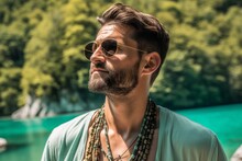 Medium Shot Portrait Photography Of A Content Mature Man Looking Over Glasses Showing Off A Delicate Necklace At The Plitvice Lakes National Park Croatia. With Generative AI Technology