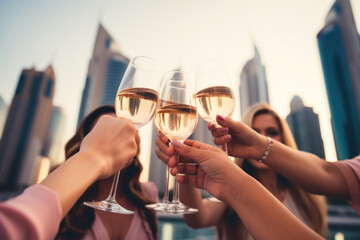 Wall Mural - Group of happy rich and stylish woman friends clinking with glasses of wine, celebrating holiday in Dubai with skyline and skyscrapers in the background