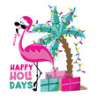 Happy Holidays - flamingo in Santa hat, and with candy cane, palm tree with christmas lights and gift boxes. Good for T shirt print, greeting card, poster, label, and other dec