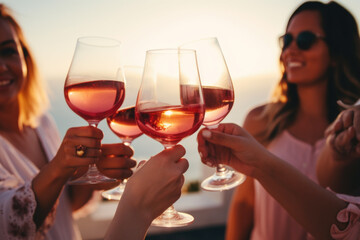 Wall Mural - Group of happy female friends celebrating holiday clinking glasses of rose wine in Santorini