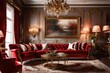 © Mehram - interior of a restaurant ,Deluxe classic style living room interior upholstered with red velvet, large sofa, ceramic, plants and decorative painting