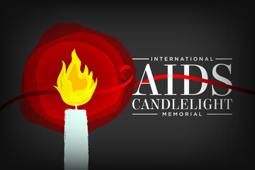 Wall Mural - International AIDS Candlelight Memorial Banner Design, celebrated every third Sunday of May. Burning Candle and red ribbon awareness ribbon. Vector Illustration. EPS 10.
