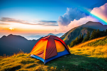 Wall Mural - Ai generated image of tent on the top mountain with rainbow view