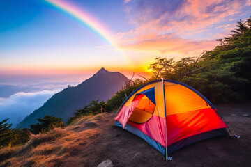 Wall Mural - Ai generated image of tent on the top mountain with rainbow view