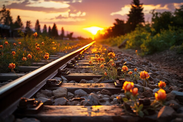 Wall Mural - skyline of railroad tracks at sunset outdoors