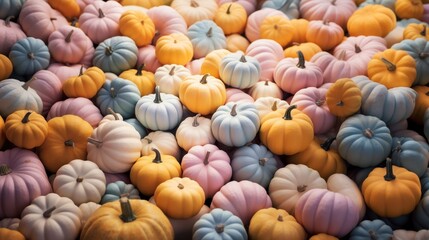 Minimal pastel Thanksgiving pumpkins background, web banner. Many trendy modern pastel pumpkins on table. Autumn holidays pastel pumpkins background