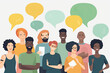 © Iryna - A group of people of different race, gender and age with speech bubbles above their heads on a blue background.