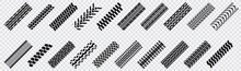 Tire Tread Print Or Truck Tracks Set Isolated On Transparent Background. Grunge Motor Race Track, Wheel Tires Protector Pattern And Dirt Wheels Imprint Texture Vector Illustration Set.EPS 10