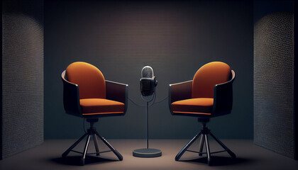 Two chairs and microphones in podcast or interview room on dark background as a wide banner for media conversations, Ai generated image