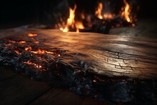 Old Wood Table With Flame Effect On Dark Background Generative Ai