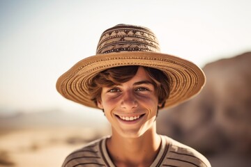 Wall Mural - Close-up portrait photography of a glad boy in his 20s cupping hand behind ear showing off a whimsical sunhat at the masada in southern district israel. With generative AI technology