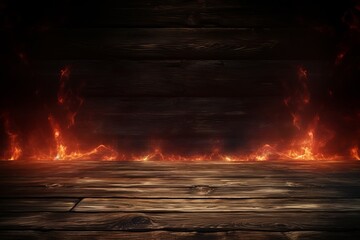 Wall Mural - Old wood table with flame effect on dark background generative ai