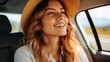 © visoot - Smiling woman in a car, Enjoying comfort trip.