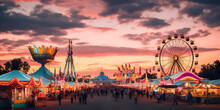 Colorful Carnival Fun - Bright Rides And Games, An Amusement Park At A County Fair At Sunset Background, Look Up To See The Music, Generative AI 
