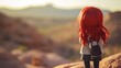 © Everlasting Dreams - Red hair toy doll hiking across vast desert landscape, distant mountains and never ending rocky valleys, warm summer heat, intense sunshine - generative AI