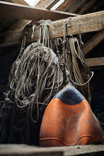 Inside An Old Rustic Fishing Cabin With Ropes And Buoy Godøy, Ålesund, Norway