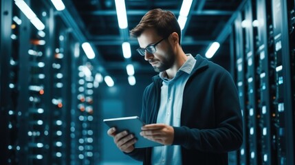 Fototapete - Administrator Working With Data Protection Engineering Network for Cyber Security in data center.