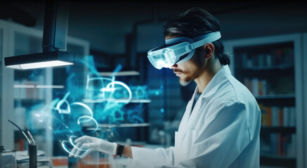 Wall Mural - Futuristic researcher using the augmented reality VR glasses with hologram graphics for viewing results of research in laboratory, Interacting with virtual reality.
