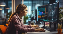 Female Software Engineer Writes Code On Desktop Computer In Modern Office, Working On Artificial Intelligence Service For Tech Company.