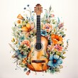 © Маргарита Вайс - watercolor illustration of acoustic guitar surrounded by flowers and leaves isolated on white background