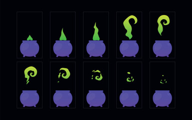 Wall Mural - The witch's cauldron with green smoke  animation set. 2d cartoon smoke animated sprite sheet frames.