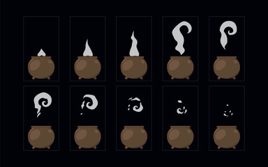 Wall Mural - The witch's cauldron with smoke  animation set. 2d cartoon smoke animated sprite sheet frames.