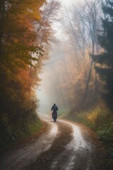 Canvas Print - A person riding a motorcycle down a road in the fall, AI