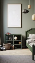 Frame Mockup In Boys Room In Military Style Room Interior, 3D Rendering, Generative AI
