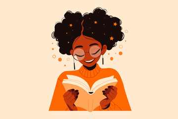 Young black girl reading a book. Modern vector flat illustration. Young student with open book studying for exam. Love to read