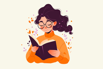 Young girl reading a book. Modern vector flat illustration. Young student with open book studying for exam. Love to read.