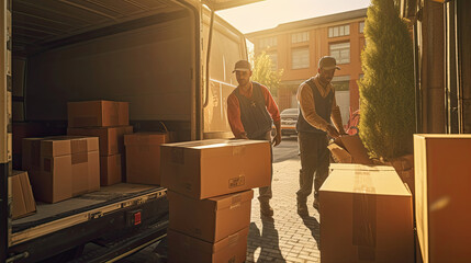 Two removal company workers are loading boxes and furniture into Truck full of moving boxes and furniture. Moving And Delivery concept. Generative Ai