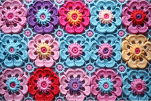 Floral Pattern Of Granny Squares. Blue Purple Crochet Flowers. Top View Colorful Illustration
