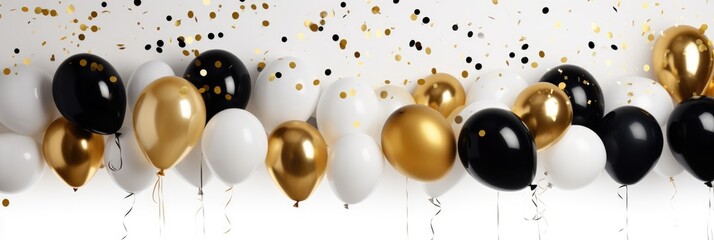 Birthday. Black Friday sale. Background with black and gold white balloons. Holiday banner, web poster, flyer, cover card, Festive celebrate backdrop balloons