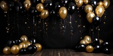 Birthday. Black Friday Sale. Background With Black And Gold Balloons. Holiday Banner, Web Poster, Flyer, Cover Card, Festive Celebrate Backdrop Balloons