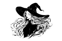 Witch Halloween Woman Hand Drawn Ink Sketch. Engraving Style Vector Illustration