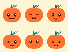 Set Of Cute Cartoon Pumpkins With Kawaii Eyes For Halloween Holiday, Thanksgiving Day. Orange Autumn Pumpkin With Smile. Vector Flat Illustration.